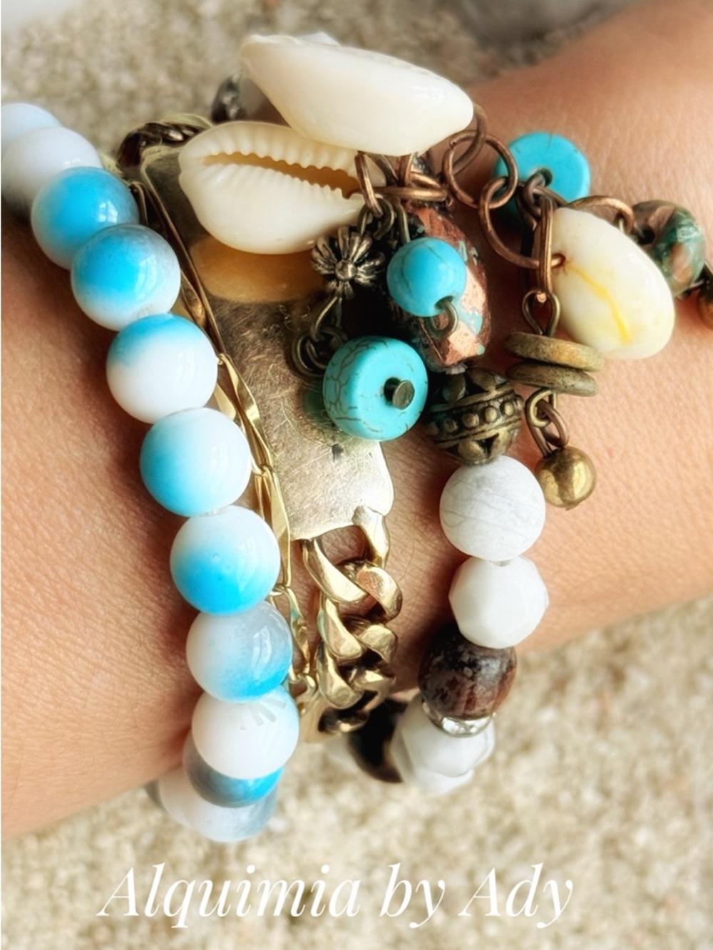 DUO + Turquoise, White & Antique Gold Bead and Shell Bracelet Set